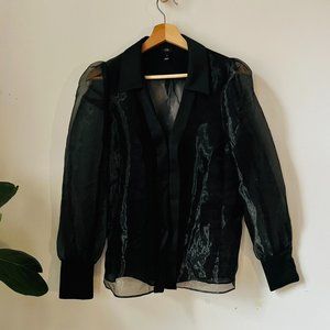 Black Puff Sleeves Mesh Blouses